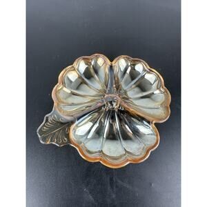 Divided Dish Plate Art Glass Iridescent Amber Clover Leaf Candy Trinket VTG